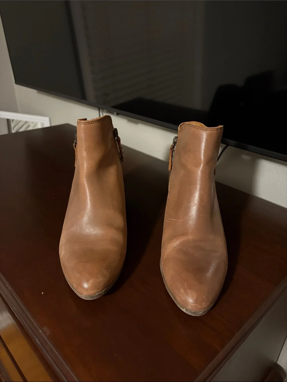 Frye Tan Leather Ankle Booties with Stacked Heel and Side Zip